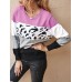 Women Color Block   Leopard Round Neck Long Sleeve Casual Sweaters