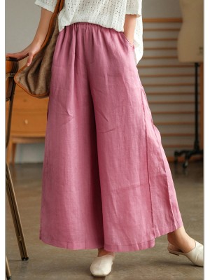 Casual Pink elastic waist Pockets Linen wide leg Pants Spring