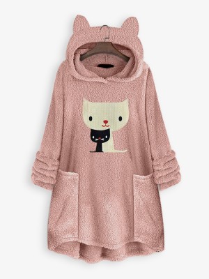 Cat Embroidery Hooded Pocket Irregular Hem Fleece Casual Sweatshirt