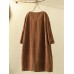 Corduroy Solid Long Sleeve Pocket Crew Neck Casual Dress