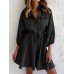 Solid Drawstring Button Lapel 3 4 Sleeve Shirt Dress