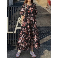 Cottagecore Flower Print Pocket Puff Sleeve Casual Maxi Dress