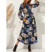 Cottagecore Flower Print Sash Lettuce  Edge Long Sleeve Maxi Dress