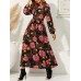 Cottagecore Flower Print Sash Lettuce  Edge Long Sleeve Maxi Dress