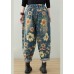 French Navy elastic waist drawstring pockets Print Denim Pants Spring