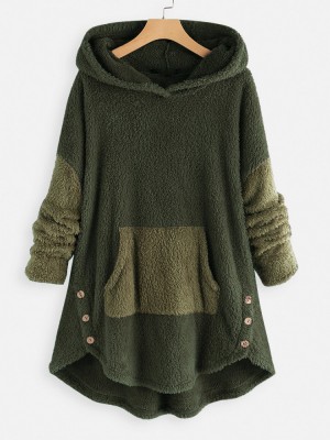 Contrast Color Splice Irregular Hem Hooded Fleece Sweatshirt Coats