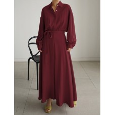 Solid Belt Long Sleeve Loose Button Down Shirt Dress