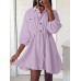 Solid Drawstring Button Lapel 3 4 Sleeve Shirt Dress