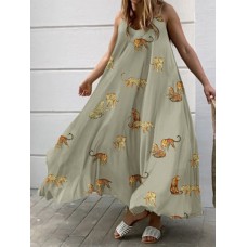 Animal Print Adjustable Strap Backless Loose Swing Maxi Dress