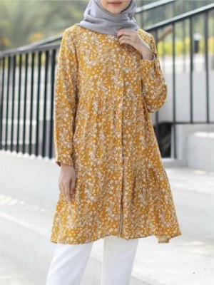 Women Bohemian Floral Print Ruffles Hem Long Sleeve Kaftan Tunic Loose Shirts