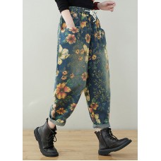 French Navy elastic waist drawstring pockets Print Denim Pants Spring