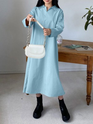 Solid Long Sleeve Lapel Casual Shirt Dress For Women