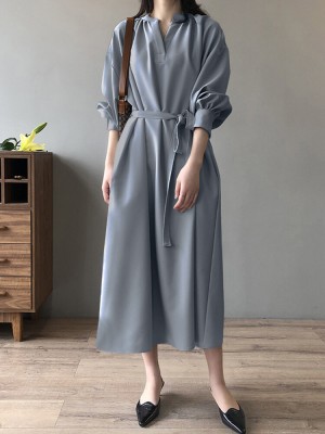 Solid Belt Loose Puff Long Sleeve V  neck Shirt Dress