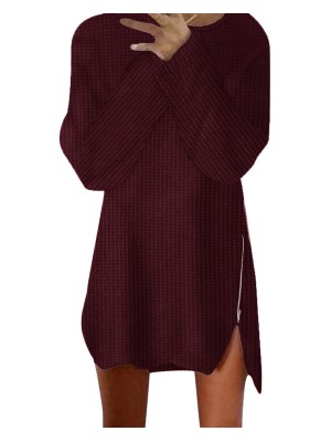 Solid Color Knit Sweaters Long Sleeve Side Zipper Loose Casual Mini Dress