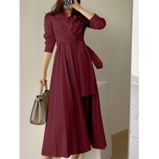 Solid Pleated Tie Long Sleeve Lapel A  line Shirt Dress