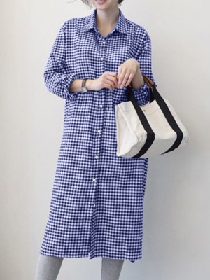 Check Print Lapel Long Sleeve Button Down Shirt Dress