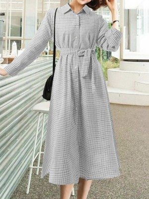 Check Print Belt Lapel Long Sleeve Button Down Shirt Dress