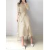 Solid Cross Front Tie Pleated Long Sleeve Lapel Shirt Dress