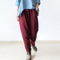 Burgundy warm winter pants thick cotton pants casual style buttons up