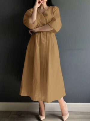 Solid Color Long Sleeve V  neck Shirt Dress With Belt