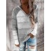 Women Autumn Stripe Print V  neck Hooded Daily Casual Knitted Sweater