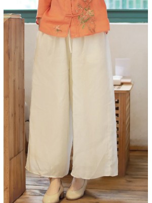 Bohemian White elastic waist drawstring Pockets Linen wide leg Pants Spring